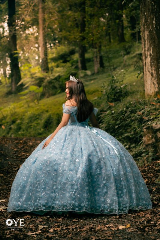 Quinceañera de espaldas con vestido azul en el bosque
